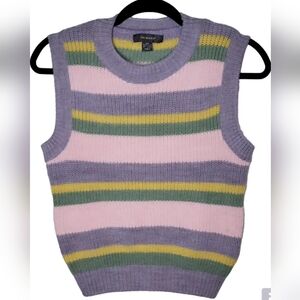 PRIMARK Sz 0/2 Multicolor Pastel Striped Retro Grunge Crewneck Knit Sweater Vest